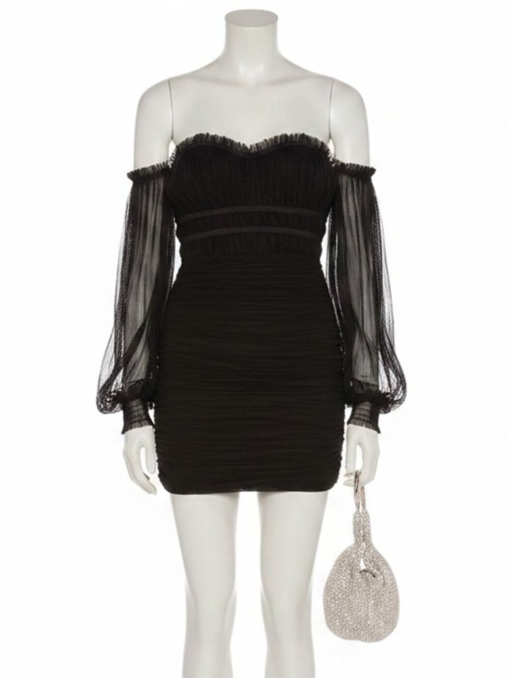 Majorelle Zata Pleated Mesh Black Mini Dress Womens XXS Off The Shoulder Zip